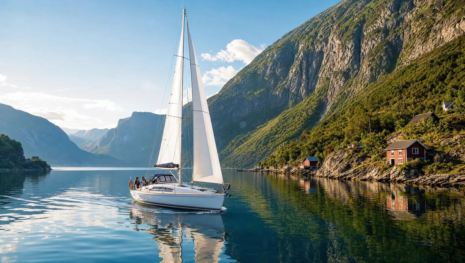 White sailboat under full sail on a glassy Norwegian fjord on a summer day
