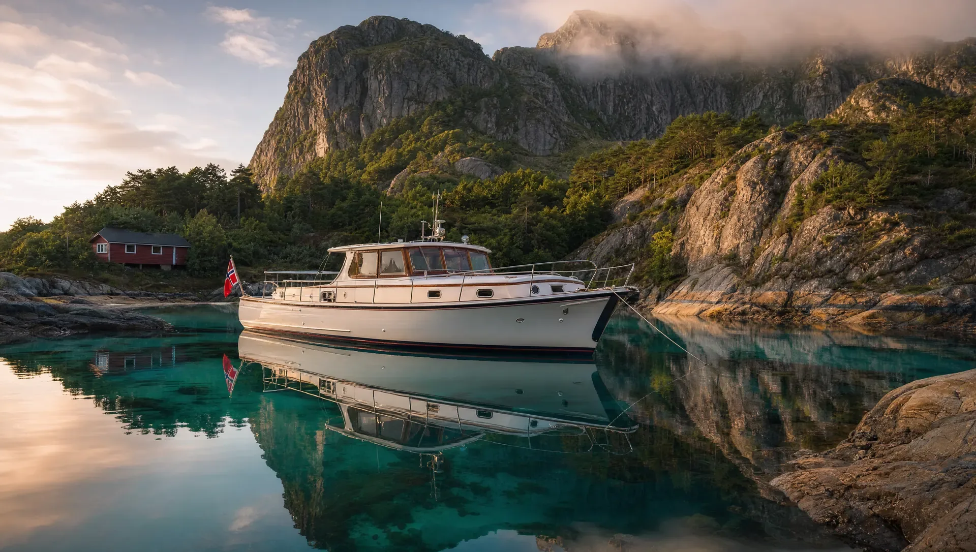 Classic day-cruiser moored in a turquoise Norwegian fjord cove in golden evening light